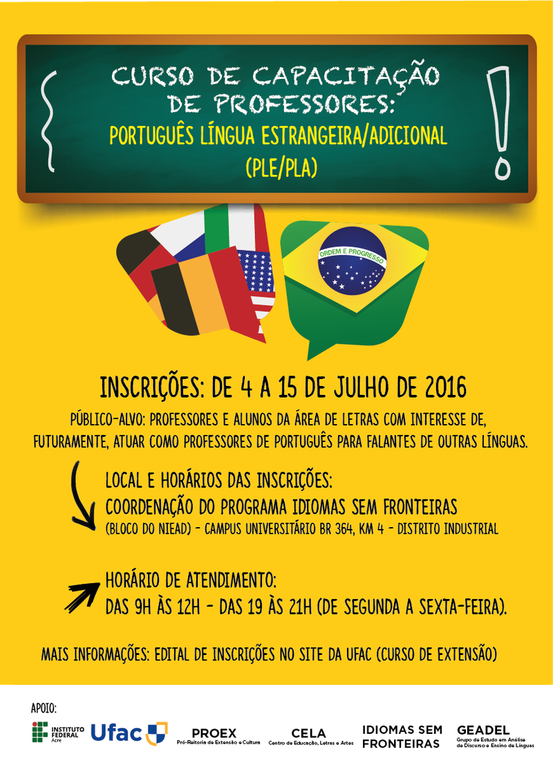 Edital PROEX nº 01/2016 – Ações de Extensão - Projeto de Extensão: "CURSO DE CAPACITAÇÃO DE PROFESSORES: PORTUGUÊS LÍNGUA ESTRANGEIRA/ADICIONAL (PLE/PLA)"